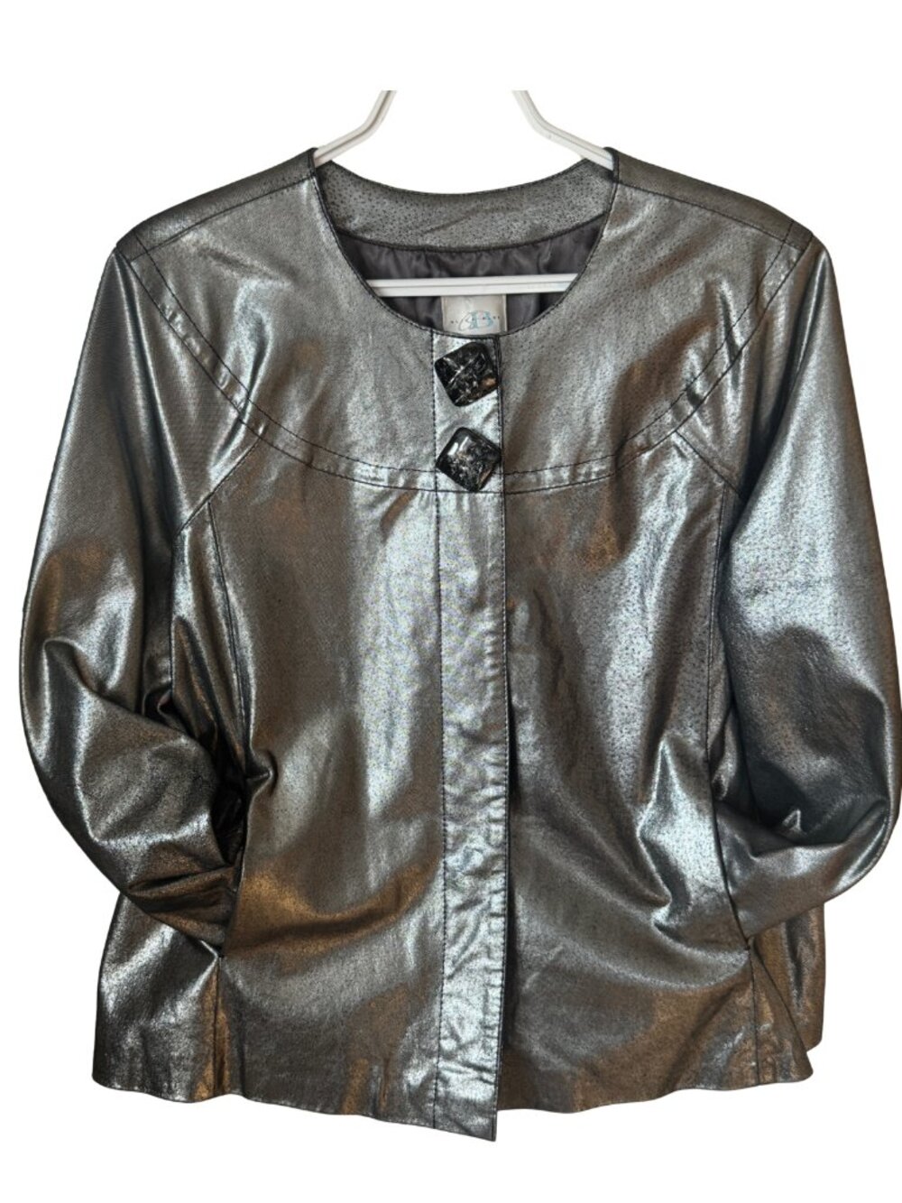Rare Metallic Leather Jacket‎ Satin Lined 1980's Alice Blue Woman Vintage Large